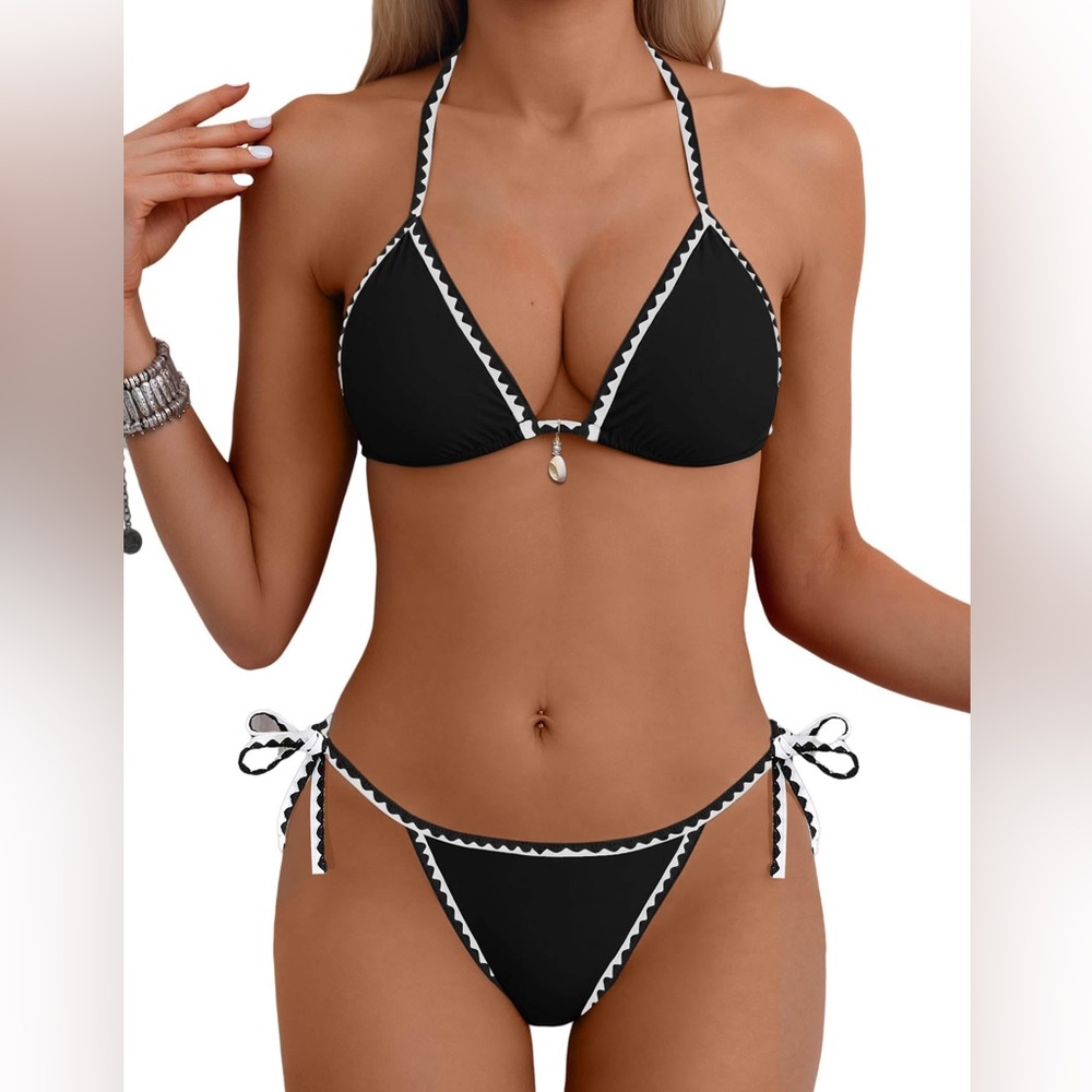 Tainehs Two Piece String Bikini Swimsuit Women’s Size L Black Cheeky Sexy